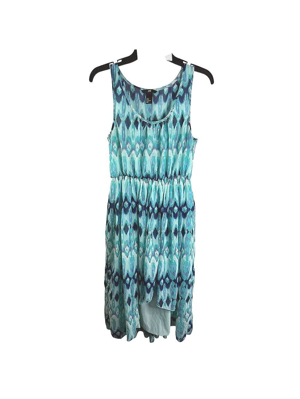H&M US 12 Teal Ikat High Low Dress Sleeveless Elastic Waist Midi Maxi Dress